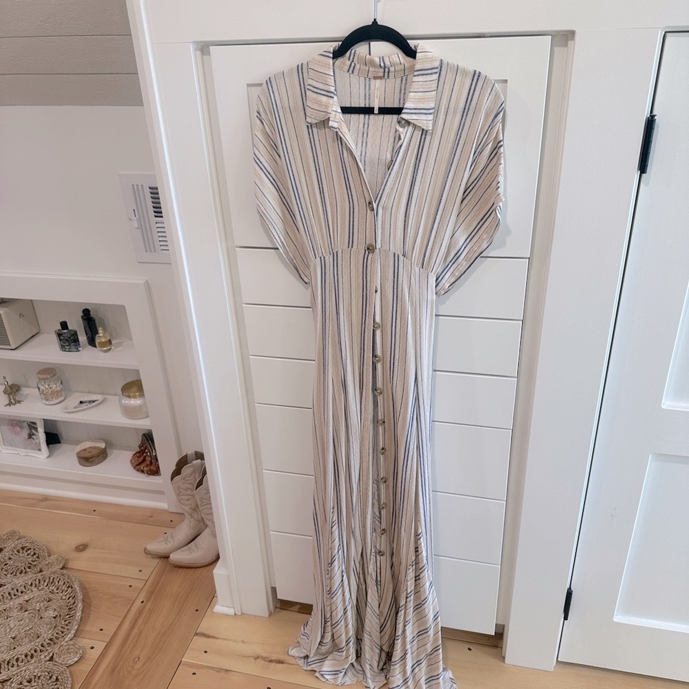 Free People Rowan Striped Beige and Blue Button Down Maxi Dress Size Small